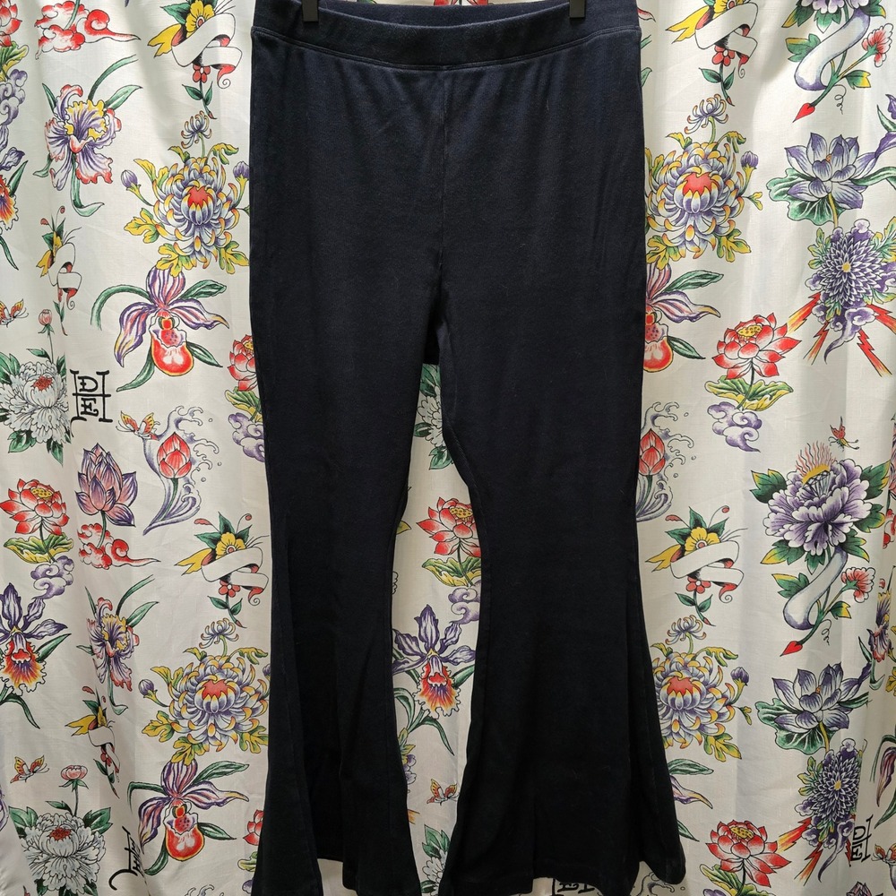 Daily Practice Anthropologie Black Ribbed Super Flare Leggings XL Bell Bottoms‎